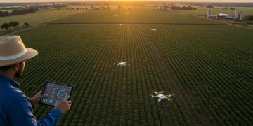 Agricultura digital no Brasil com drones sobre lavouras e agricultor usando tablet