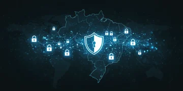 Rede complexa de ameaças digitais convergindo em um escudo de cibersegurança sobre o mapa do Brasil.