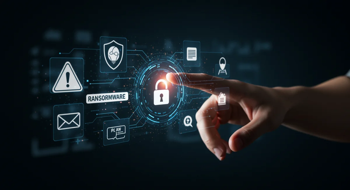 Mão interagindo com interface holográfica exibindo alertas de cibersegurança, como ransomware e phishing, simbolizando novas ameaças.