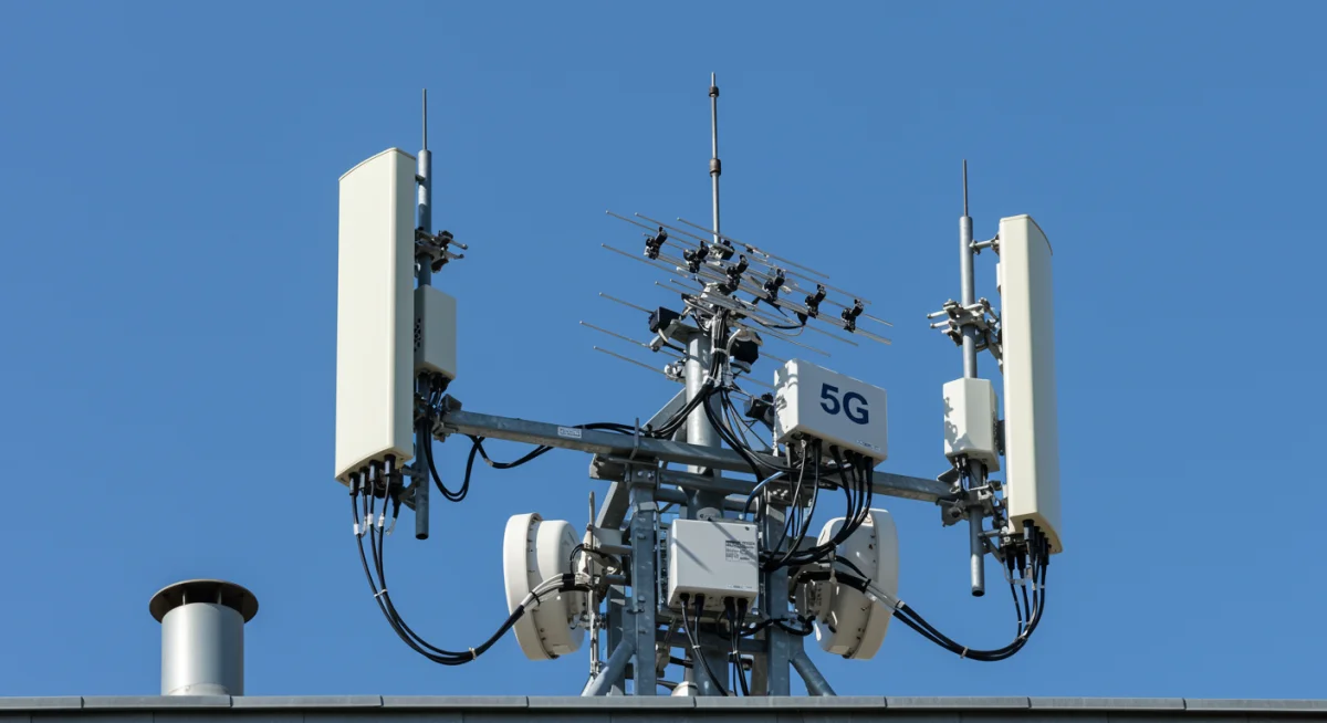 Antena 5G em um telhado, destacando a infraestrutura moderna de telecomunicações.
