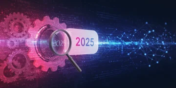 Representação futurista das atualizações do algoritmo do Google em 2025 com engrenagens e dados digitais.