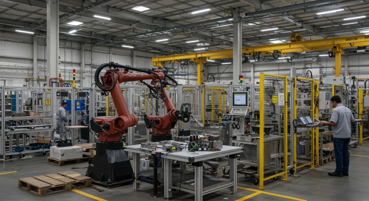 Robôs e trabalhadores colaborando em uma linha de produção industrial moderna no Brasil, simbolizando a automação e a eficiência.