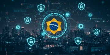 Logo do Banco Central do Brasil supervisionando uma rede de criptomoedas com escudos de segurança, simbolizando as novas regulamentações.