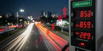 Bomba de combustível exibindo preços em alta, simbolizando o aumento de 8% projetado pela ANP para 2025.