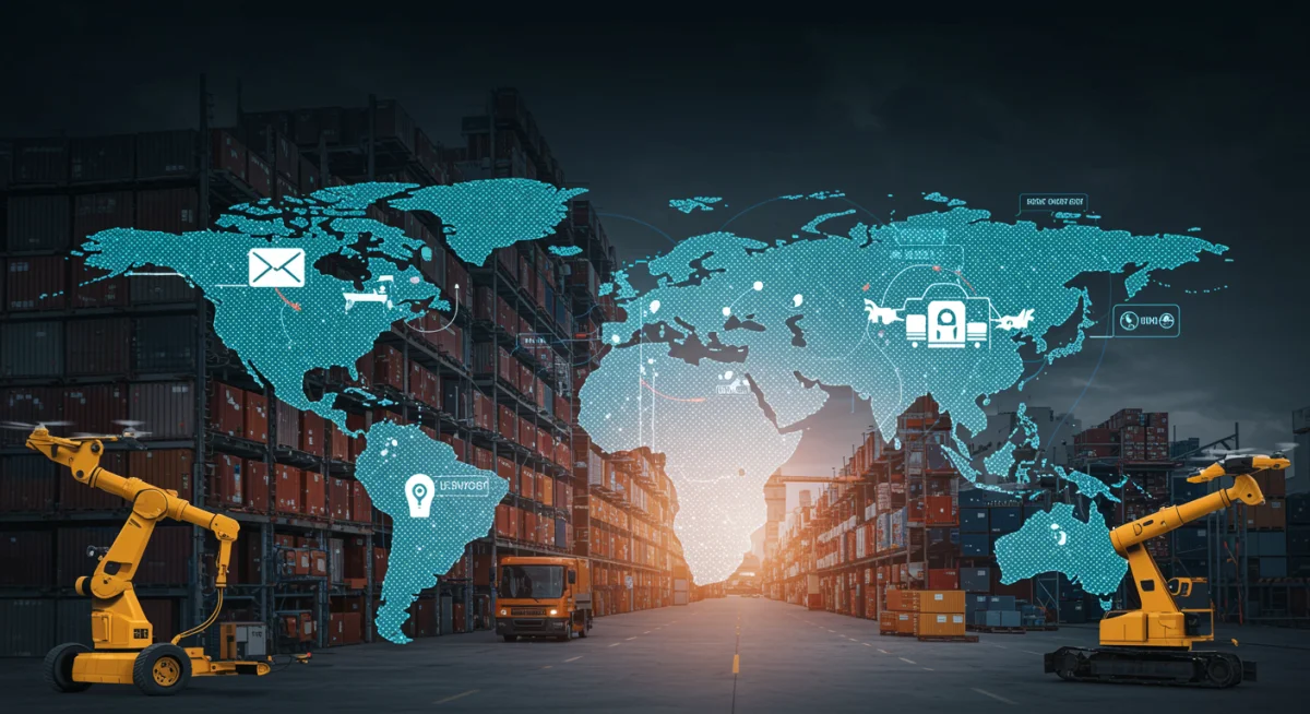 Rede de cadeia de suprimentos global otimizada, com logística avançada e automação no varejo internacional.