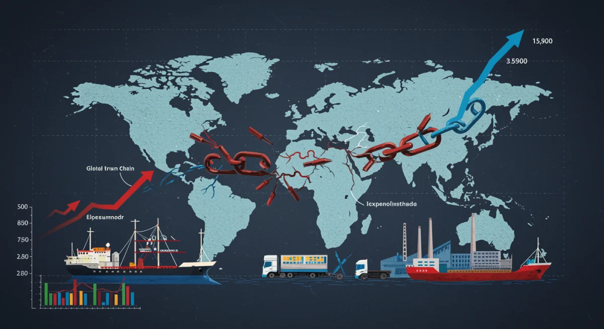 Ilustração de cadeias de suprimentos globais com pontos de interrupção e gráficos de preços em alta.