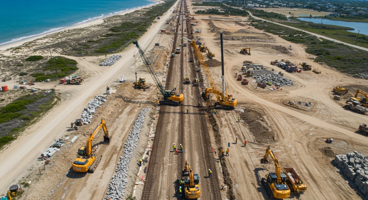 Canteiro de obras movimentado com máquinas pesadas, simbolizando o início de projetos de infraestrutura.