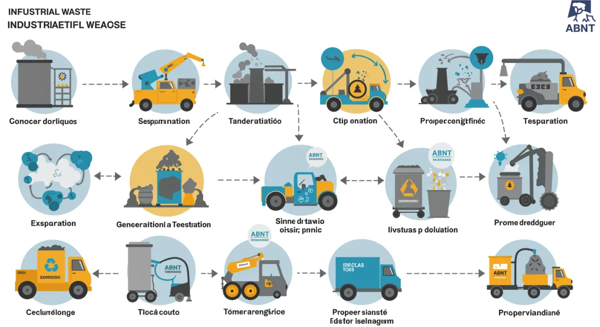 Infográfico detalhado sobre o ciclo de vida dos resíduos industriais, desde a geração até o descarte final, com foco na conformidade com as normas ABNT.