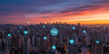 Metrópole brasileira ao pôr do sol, com linhas de dados conectando edifícios, simbolizando a cobertura 5G.