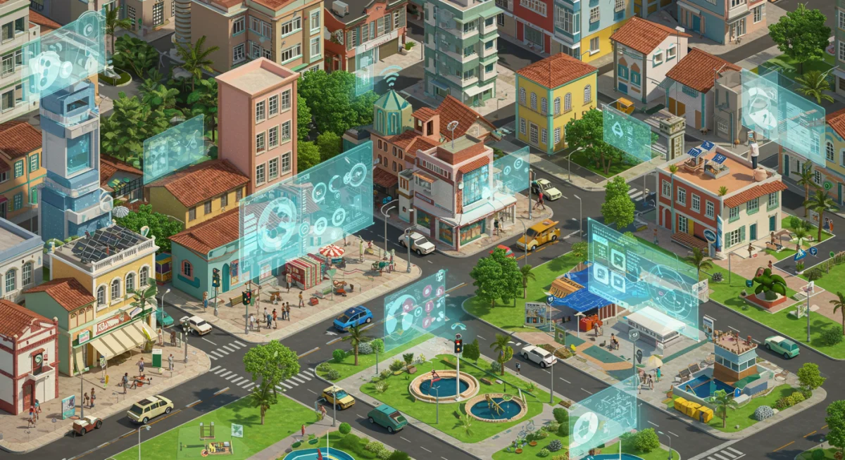 Ilustração de uma cidade inteligente com infraestrutura conectada, veículos autônomos e energia renovável.