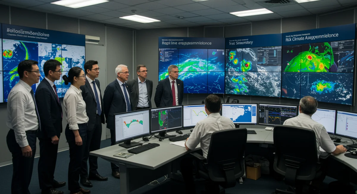 Cientistas e autoridades em uma sala de controle monitorando dados climáticos e mapas de risco, simbolizando a tomada de decisões baseada em dados para a resiliência climática.