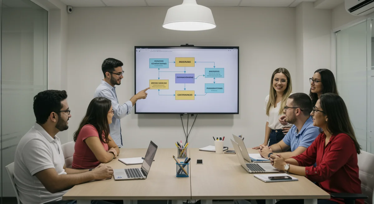 Equipe colaborando em um escritório moderno, discutindo etapas de formalização de empresas.