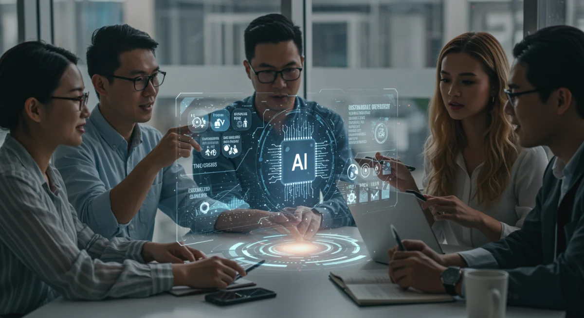 Profissionais colaborando com inteligência artificial para o desenvolvimento sustentável