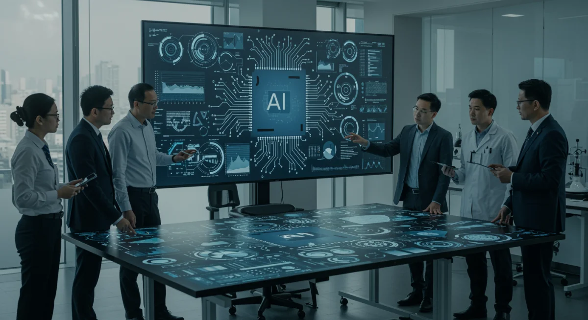 Profissionais diversos colaborando em um laboratório moderno, analisando algoritmos de IA em uma tela interativa, representando a pesquisa e o desenvolvimento.