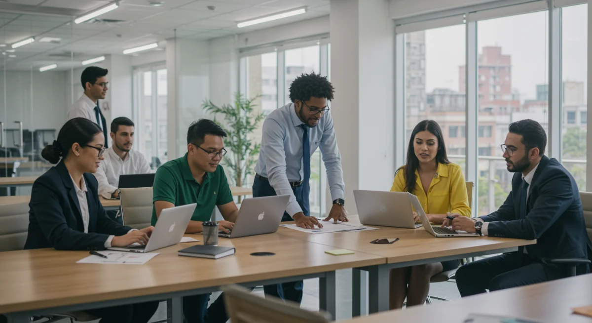 Profissionais de diversas nacionalidades colaboram em escritório internacional, refletindo o impacto das políticas migratórias.