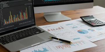 Mesa de escritório com computador exibindo gráficos financeiros e documentos de conformidade fiscal para 2025.