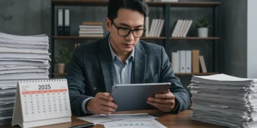 Consultor fiscal analisando notas fiscais eletrônicas em tablet com documentos e calendário 2025, preparando-se para novas regulamentações.