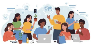 Pessoas diversas interagindo com tecnologia e produtos sustentáveis, representando as tendências de consumo em 2025.