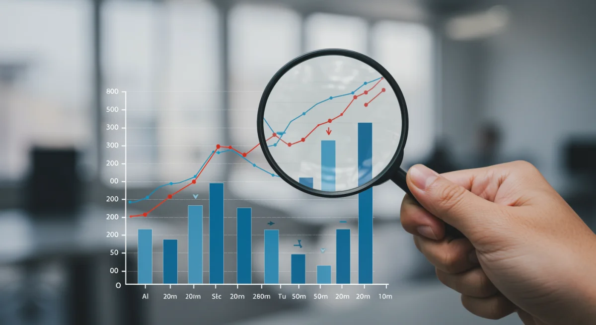Mão segurando lupa sobre gráfico de custo de aquisição de cliente