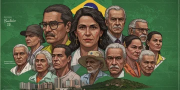 Representação visual da demografia brasileira em 2025, com diferentes gerações e grupos populacionais interagindo, simbolizando as megatendências de envelhecimento e migração.