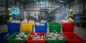 Imagem ilustrativa de diferentes tipos de resíduos sendo segregados em lixeiras coloridas, com um toque futurista de 2025, simbolizando o descarte correto e a gestão ambiental eficiente.