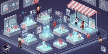 Mercado digital vibrante com projeções holográficas e compradores interagindo com tecnologias emergentes no e-commerce brasileiro.