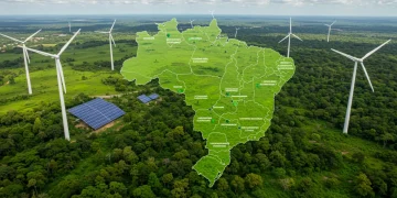 Paisagem verde vibrante com painéis solares, turbinas eólicas e florestas exuberantes, representando a economia verde global e o potencial de crescimento sustentável no Brasil.