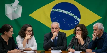 Pessoas diversas discutindo política com urnas e bandeira do Brasil ao fundo, simbolizando as Eleições 2026.