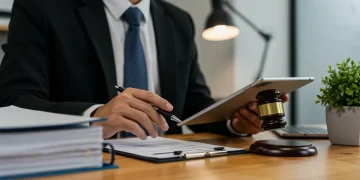 Empreendedor revisando documentos de formalização de negócio no Brasil, com foco e determinação.