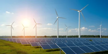 Painéis solares e turbinas eólicas em paisagem brasileira, simbolizando o avanço da energia renovável no Brasil.