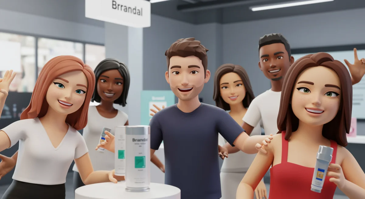 Avatares diversos em uma experiência de marca virtual, participando de um evento ou jogo interativo no metaverso, demonstrando engajamento.