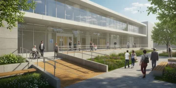 Entrada moderna e acessível de um edifício público, com rampa, corrimãos e piso tátil, mostrando a inclusão de diversas pessoas.