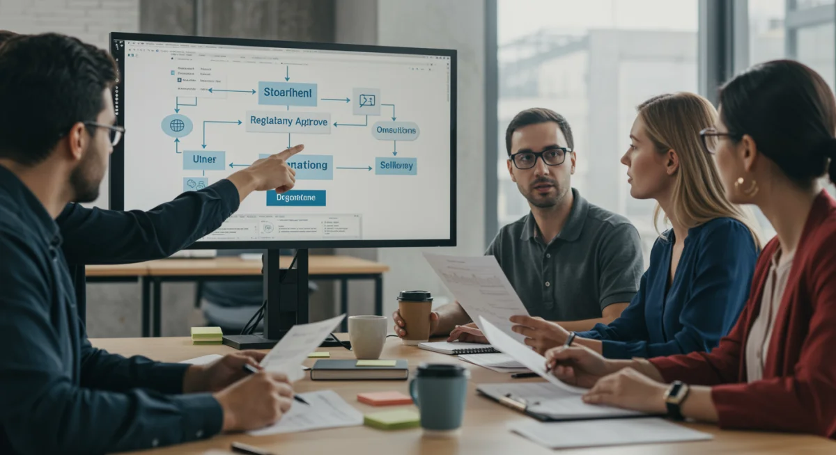 Equipe de consultores revisando documentos e fluxogramas de registro na ANVISA, em um ambiente de escritório moderno.