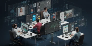 Equipe digital colaborando online com diversas ferramentas em um ambiente de trabalho moderno.