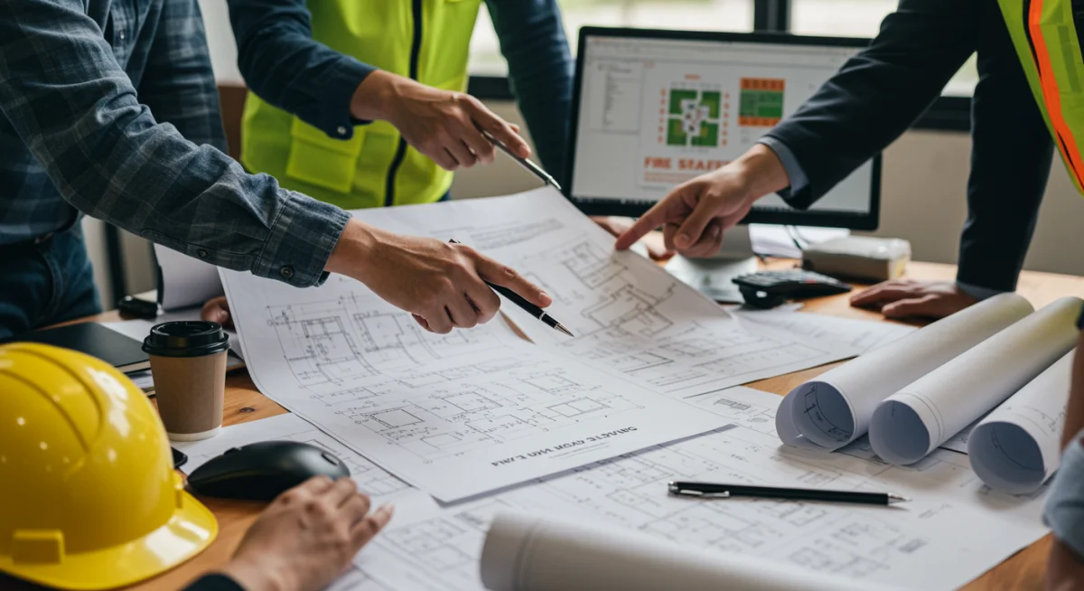 Profissionais analisando projetos e regulamentos para elaboração de um Plano de Segurança Contra Incêndio e Pânico (PSCIP).
