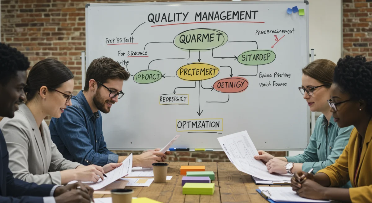 Equipe de gestão da qualidade colaborando em um plano de implementação ISO 9001, com documentos e fluxogramas.