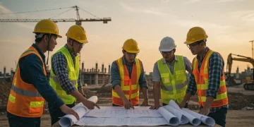 Equipe de engenheiros e técnicos discutindo planos de segurança em um canteiro de obras moderno.
