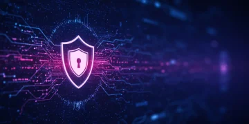 Ícone de escudo digital protegendo dados em um ambiente cibernético complexo, simbolizando proteção contra novas ameaças.