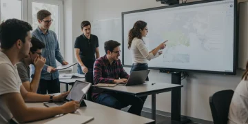 Estudantes universitários colaborando em um ambiente de aprendizado moderno e tecnológico, simbolizando as novas diretrizes do MEC para o EAD.