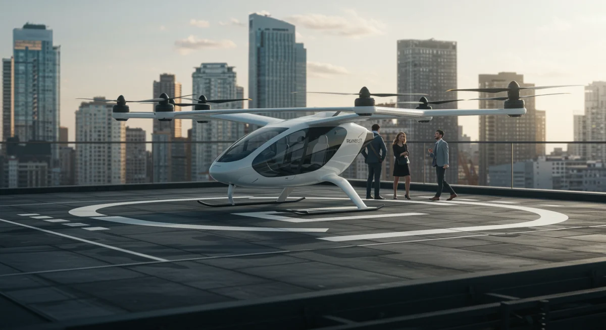 Aeronave eVTOL pousada em heliporto urbano, representando a mobilidade aérea avançada.