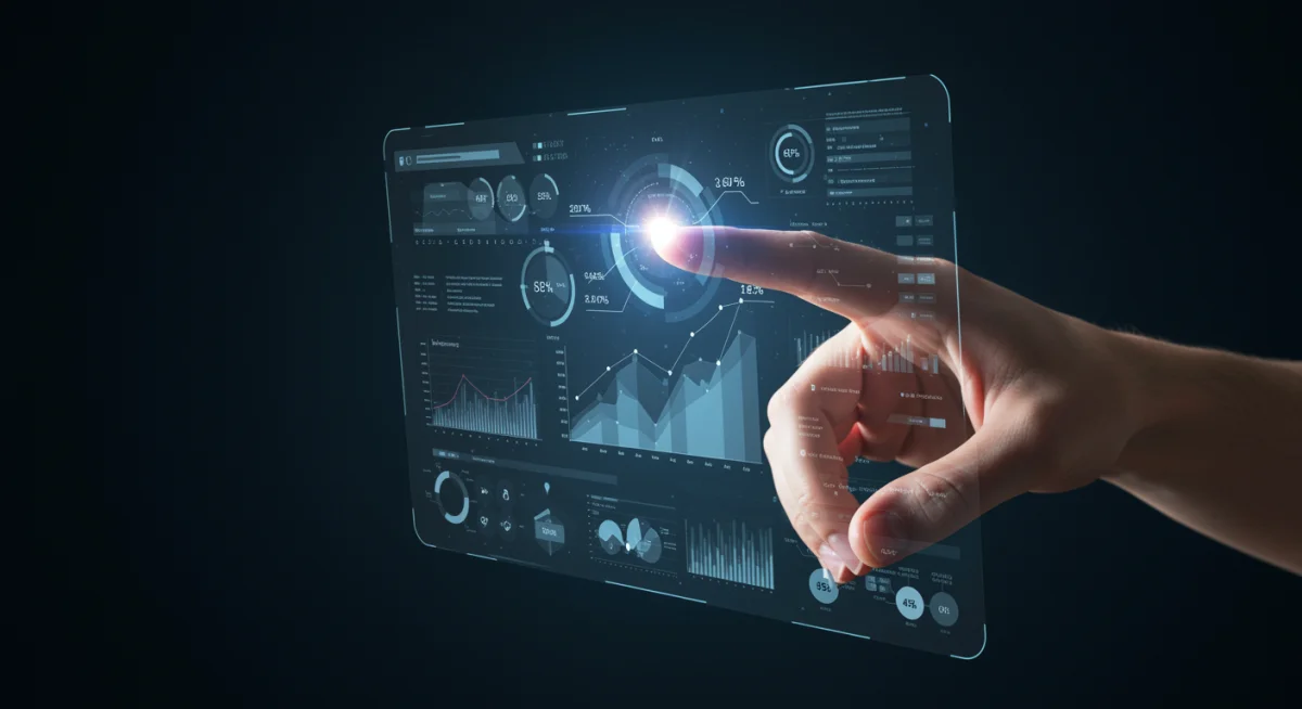 Mão humana interagindo com interface holográfica mostrando métricas de experiência do usuário e engajamento.