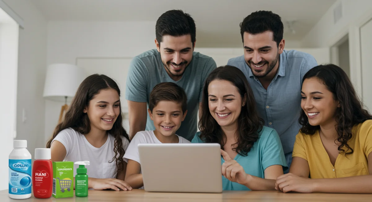 Família brasileira discutindo compras em tela inteligente, ilustrando a decisão de consumo conectada.