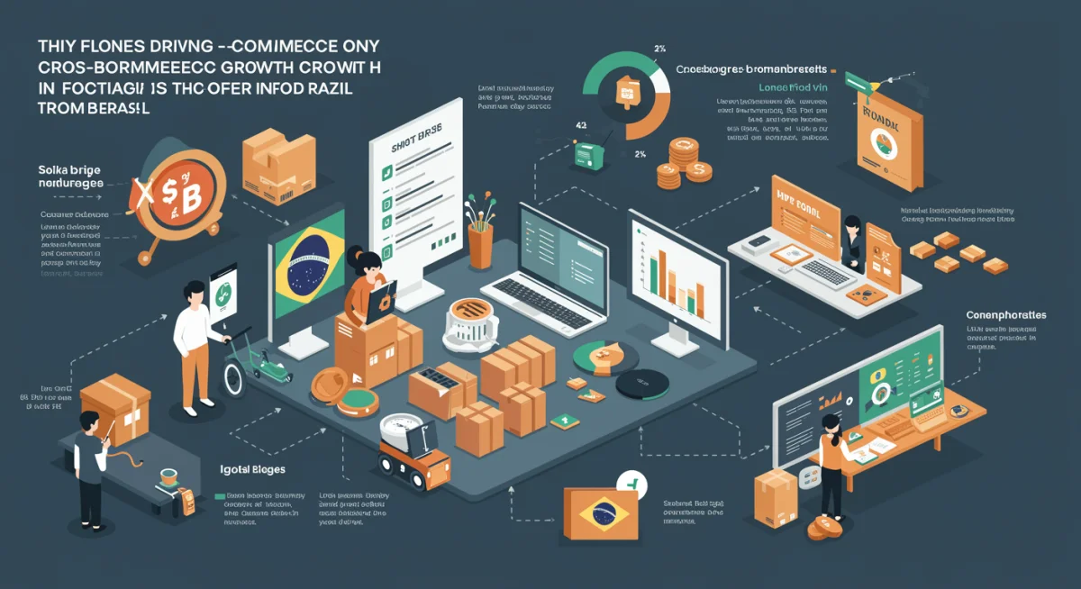 Infográfico detalhando os fatores-chave do crescimento do e-commerce transfronteiriço no Brasil, incluindo comportamento do consumidor e avanços tecnológicos.