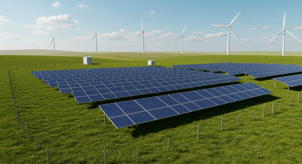 Fazenda solar moderna e eficiente em uma paisagem rural brasileira, destacando painéis fotovoltaicos e turbinas eólicas como símbolos de energia renovável no país.