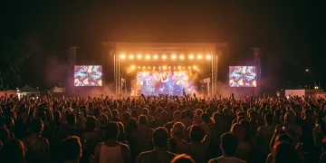 Público vibrante em festival de música no Brasil, simbolizando o impacto de grandes eventos no turismo interno.