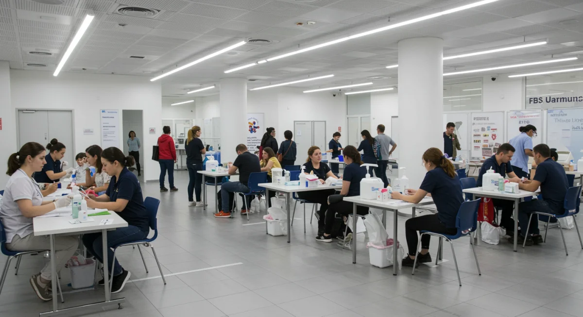 Pessoas aguardando em fila organizada para vacinação em um posto de saúde, refletindo o esforço coletivo da campanha.