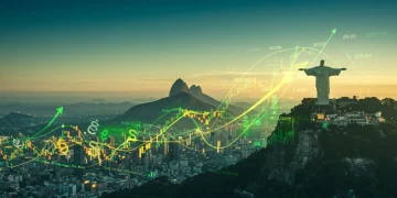 Fluxo de capital internacional para o Brasil em 2025, representado por gráficos e símbolos de riqueza