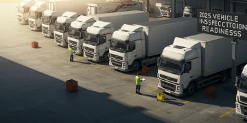 Inspeção Veicular 2025: Guia Completo para Frotas Evitarem Multas Frotas em linha sendo inspecionadas, com mecânicos verificando os veículos e um painel digital exibindo 'Inspeção Veicular 2025'.