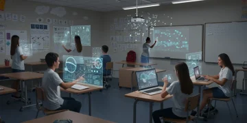 Alunos em um ambiente de aprendizagem moderno com tecnologia avançada, representando o futuro da educação no Brasil.