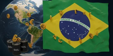 Mapa-múndi com símbolos de comércio, conflitos e moedas, impactando a economia brasileira.